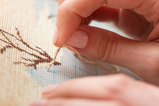 Close up of hand embroidery stitches