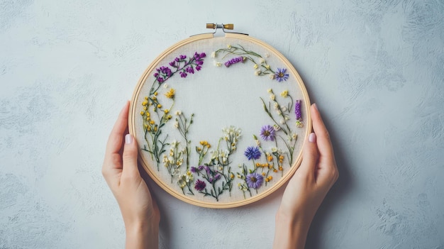 Hand holding embroidered floral square